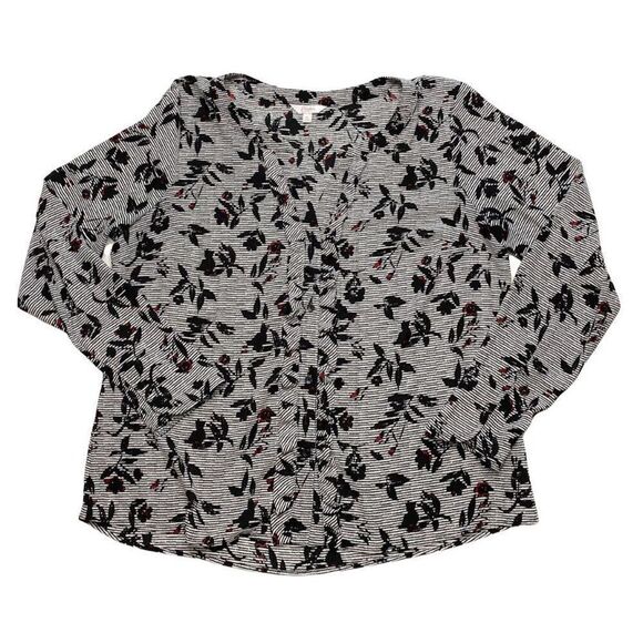 Candie's Blouse Top Women's XL Black White Red Button-Front Split-Neck Floral - Picture 8 of 12